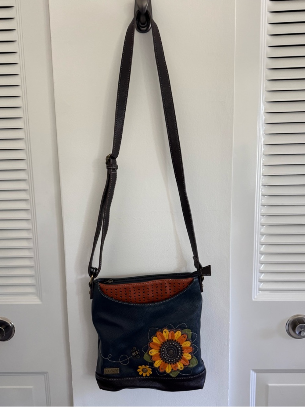 Chala Crossbody Shoulder Bag with Yellow Floral Appliqué - Navy